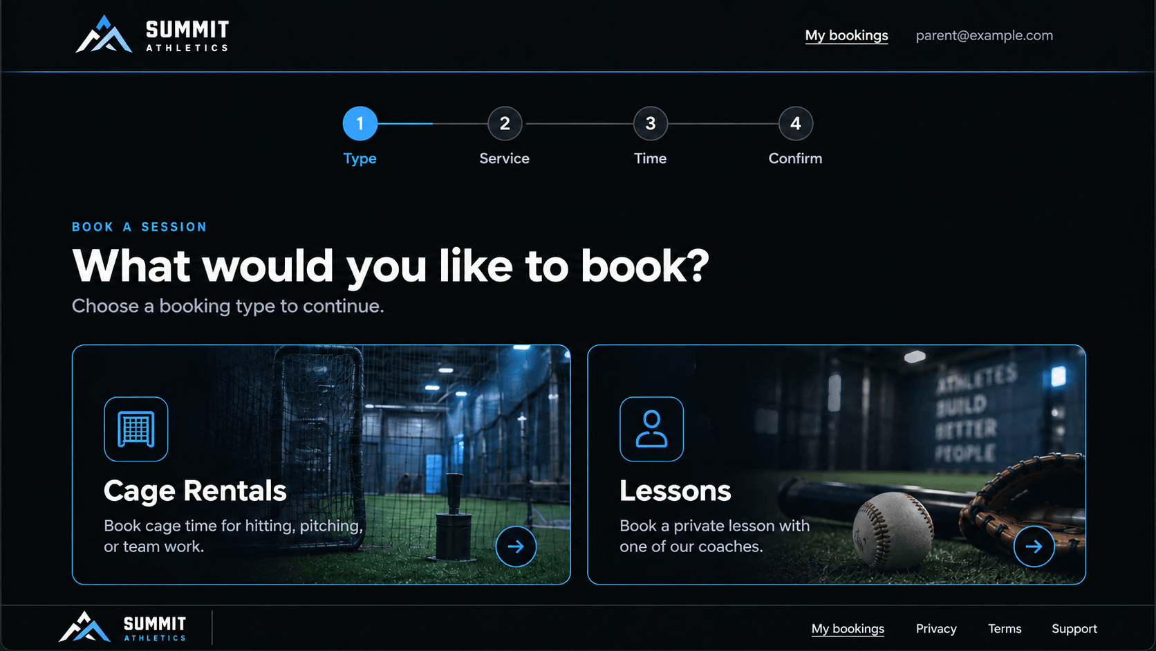 A club's parent booking page, branded with the club's own logo, asking what to book — cage rentals or private lessons — as the first of four steps: type, service, time, confirm.
