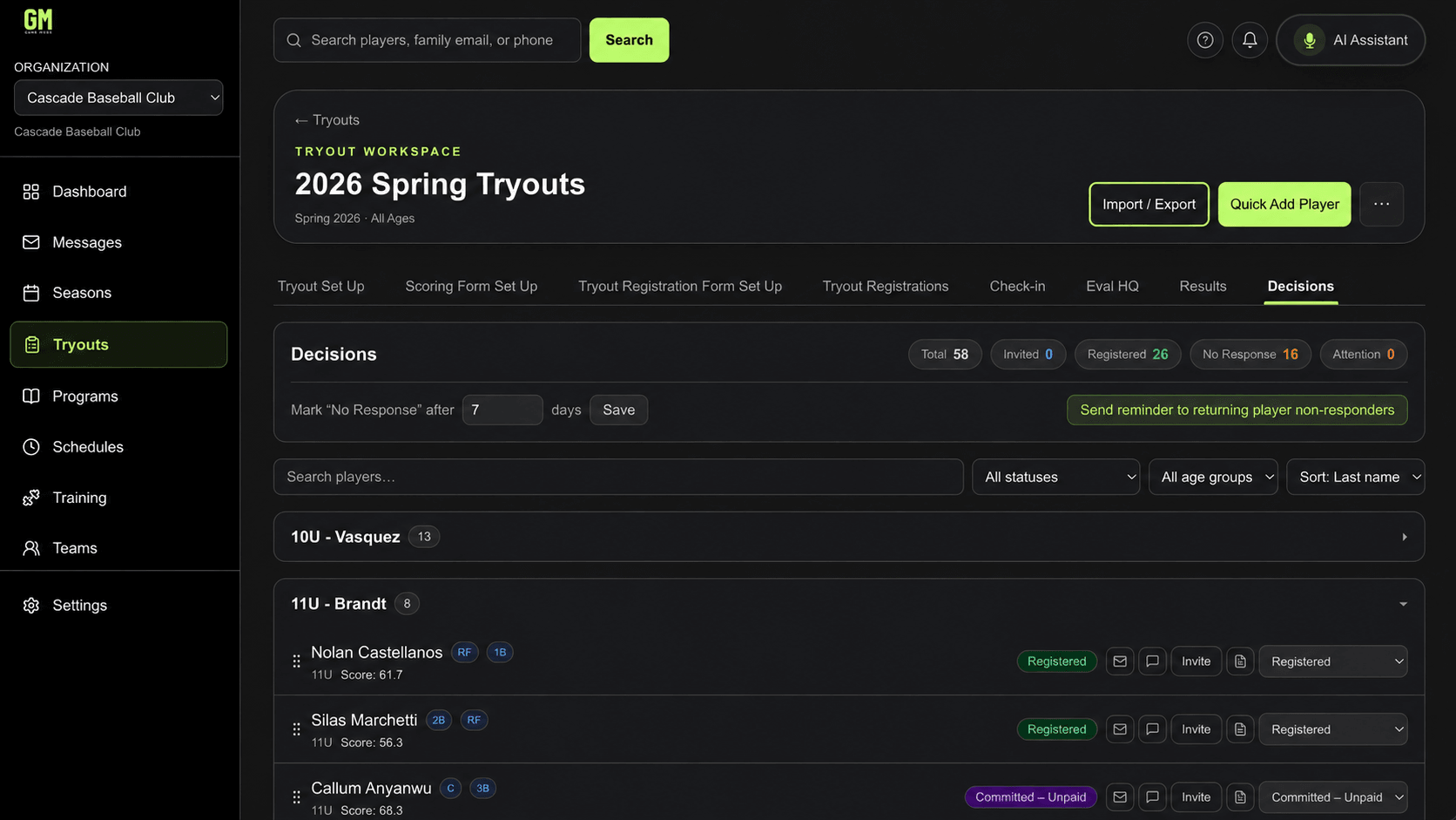 The Decisions tab of a tryout workspace, showing the pipeline as counts across the top — total tried out, invited, registered, no response, and needs attention — a control for when to mark a family as no-response, a button to remind returning players who have not answered, and player rows grouped by age band with status chips like Registered and Committed–Unpaid alongside per-player invite and message buttons.